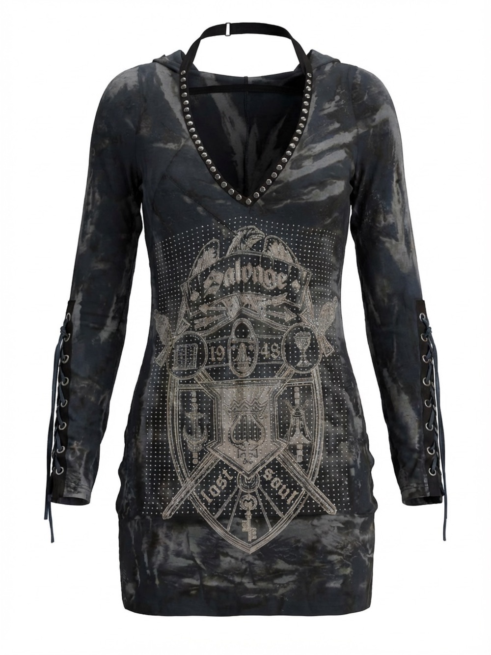 Salvage Tie Dye Open Back Mini Dress Lace Up Sleeves Studded M